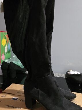 Marc Fisher Black Suede Knee-High Boots with Block Heel